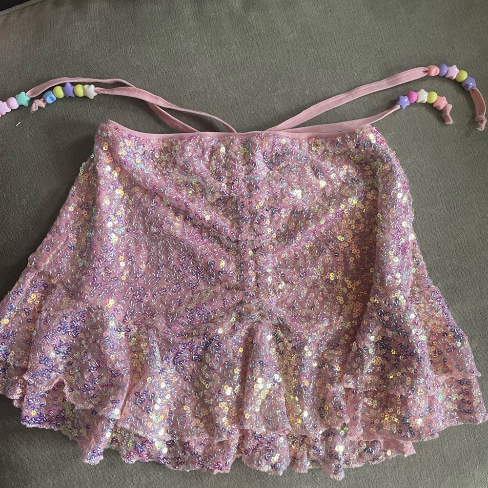 Club Exx Pink Sequin Skirt with Beaded Straps NWT